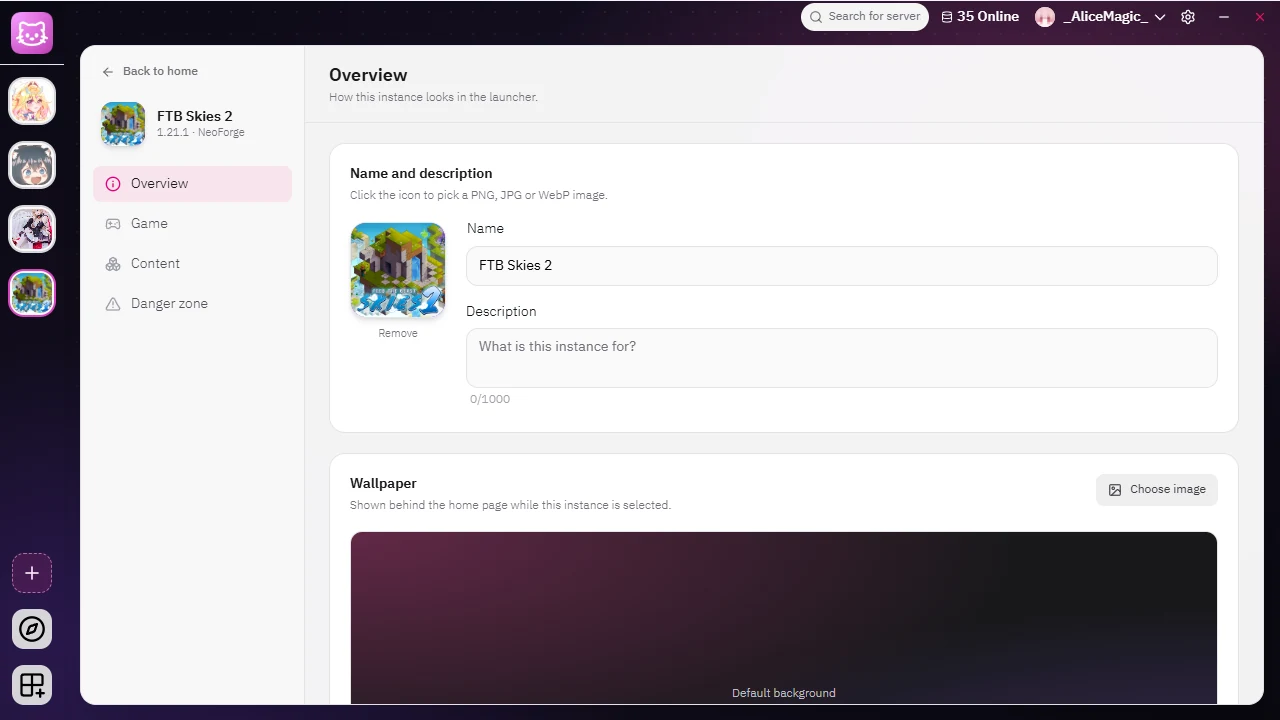 Instance settings, Overview