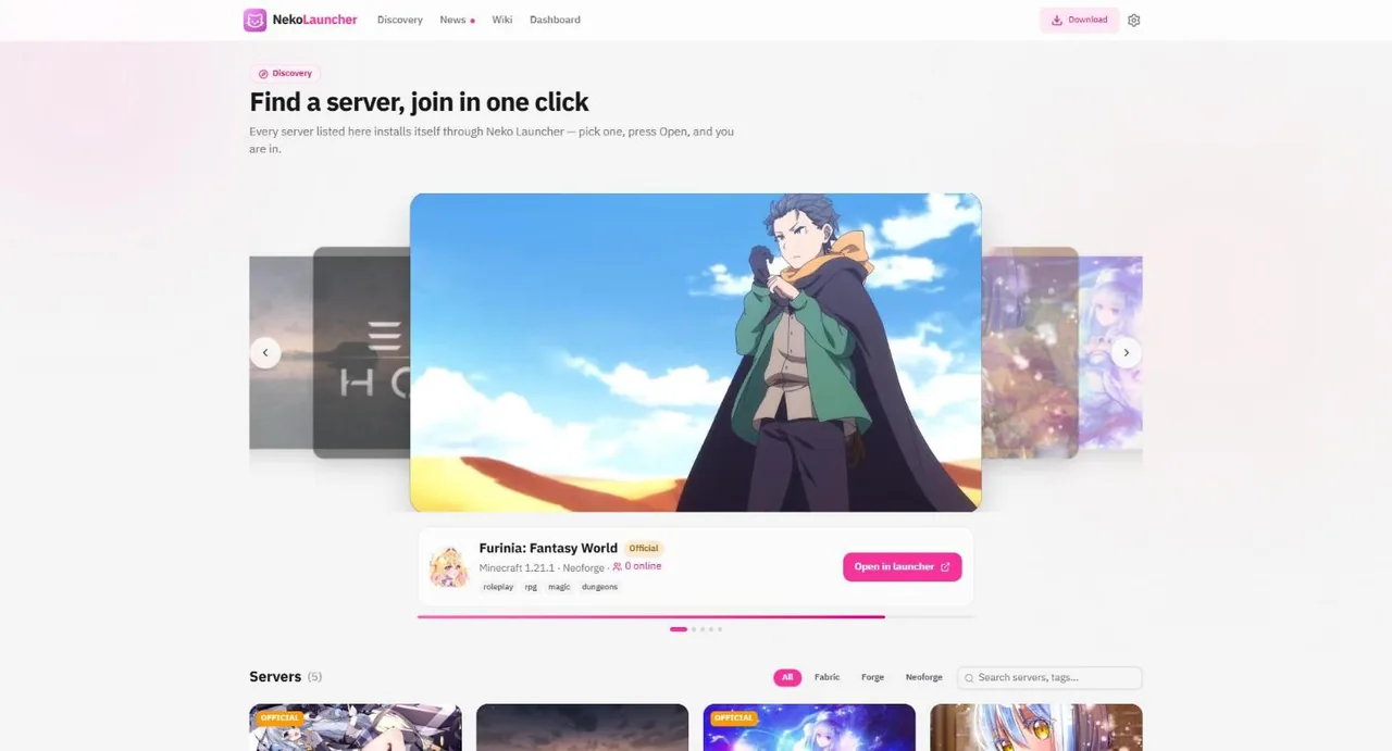 Discovery page listing servers you can join